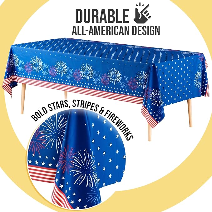 Exquisite 66% Thicker 4th of July Tablecloth 12 Pack - Patriotic Red White and Blue Plastic Tablecloth Rectangle 54x108 Inch - American Flag Disposable Table Cover - Memorial Day Independence Day