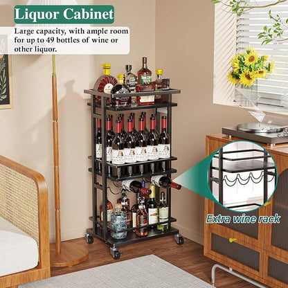 OKZEST 3-Tier Bar Cart for Home, Mini Rolling Liquor Cabinet & Serving Cart | Small alcohol coffee bar cart for party, Holds wine, liquor, beverage, glassware, shaker, coffee supplies, Rustic farmhouse