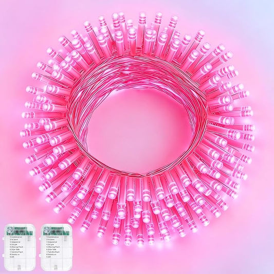 Pooqla 2 Pack String Lights Battery Operated, Total 33.3ft 100 LED Fairy Lights Indoor Outdoor Decorations, 8 Modes Pink Battery Christmas Lights for Bedroom Classroom Porch Party Yard Wedding Decor