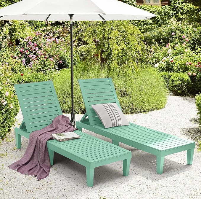Nestl Sun Tanning Chair - Sage Green Chaise Lounge Chair Outdoor, Lightweight Pool Lounge Chairs Set of 2, Adjustable 5-Position Reclining Lawn Chair, Waterproof Beach Outdoor Lounge Chairs