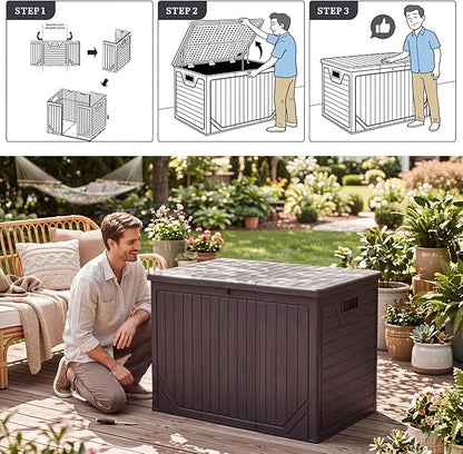 YITAHOME XXL 230 Gallon Extra Large Outdoor Deck Box, Lockable Resin Double-Wall Storage Box and Waterproof Patio Furniture Bin for Garden Tools & Pool Accessories, Brown