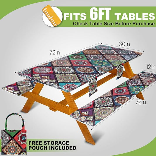 Fitted Picnic Table Cover with Bench Covers Waterproof Elastic Edges Rectangle Patio Tablecloth Outdoor Camping Essentials Stuff Rv Accessories Summer Trip Travel Camper Gifts for Woman Men, 72in 6 ft