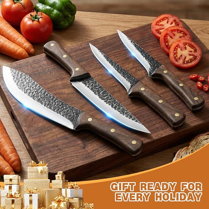 MDHAND Butcher Knife Set, Ultra Sharp Hand Forged Meat Cleaver & Brisket Knives & Boning Knife Set With Leather Sheath, High Carbon Steel Kitchen Knife Set for Outdoor & BBQ, Gifts for Men Women
