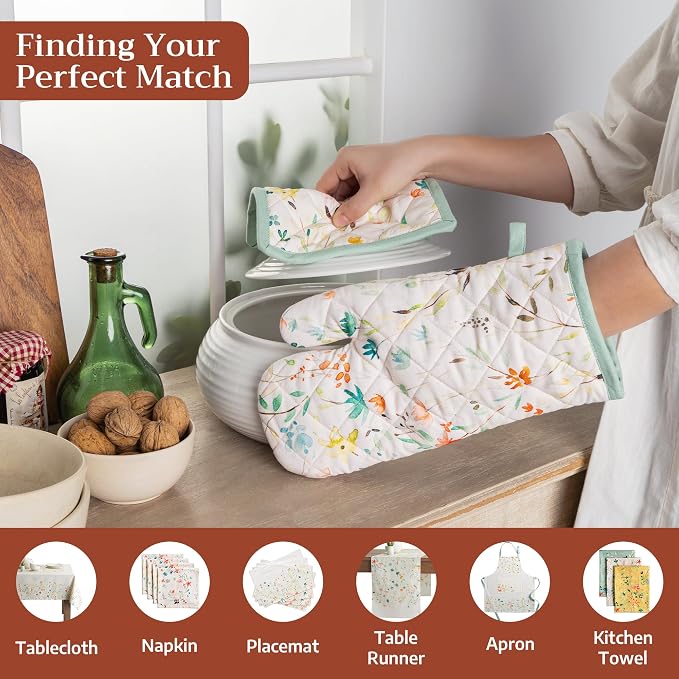 Maison d' Hermine 100% Cotton Oven Mitt & Pot Holder Set (7.5"x13" & 8"x8") | Heat Resistant BBQ Cooking Gloves with Loop Baking Grilling Kitchen Hotel Home Farmhouse Spring Summer - Colmar