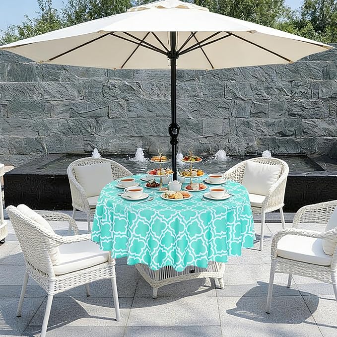 Poise3EHome Round Outdoor Tablecloth with Umbrella Hole and Zipper,Aqua Blue 70 Inch,Polyester SpillProof Washable Table Cloth for Spring Summer Patio Garden Poolside Picnic Camping BBQS