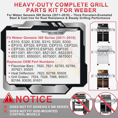 Grill Parts Kit for Weber Genesis 300 310 330 Grill Parts for Weber Genesis E330 E310 S310 S330 EP330 EP310 S320 E320 Grill Parts 7621 Flavorizer Bars 17.5", Genesis 7524 Grates, 7622 Heat Deflector