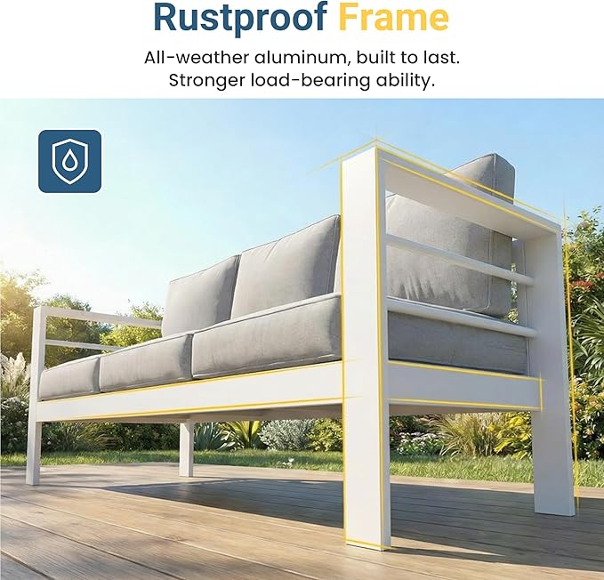Wisteria Lane Aluminum Outdoor Sofa, Loveseat Sofa Patio Couch All-Weather Rust-Proof Modern Metal Patio Furniture with 5" Thick Olefin Cushions, Light Grey