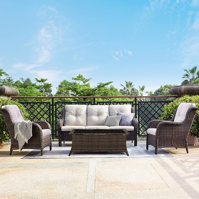 Rilyson Outdoor Patio Wicker Sofa, 900Lbs Weight Capacity Large 3 Seater Wicker Patio Couch with 4in Seat Cushions and Deep Seating, All Weather for Backyard, Garden, Poolside (Brown/Beige)