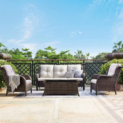 Rilyson Outdoor Patio Wicker Sofa, 900Lbs Weight Capacity Large 3 Seater Wicker Patio Couch with 4in Seat Cushions and Deep Seating, All Weather for Backyard, Garden, Poolside (Brown/Beige)