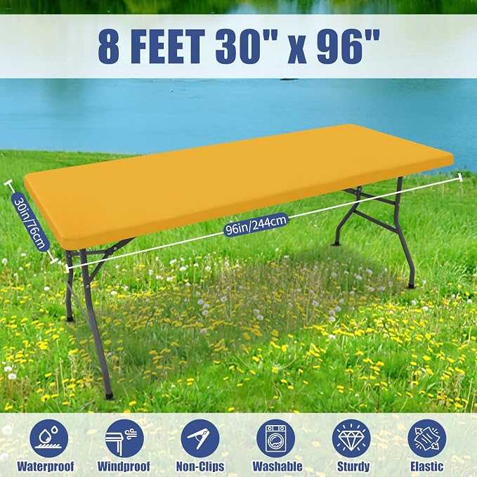 Moosfor 2 Pack Rectangle Spandex Fitted Table Cloth, 8FT Elastic Tablecloth | Washable Picnic Table Cover, Stretch Waterproof Table cloths for Party, Patio, Dining, Kitchen, 30" x 96", Mustard Yellow