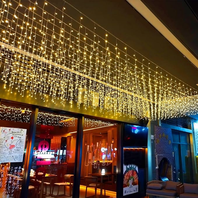 LED Icicle Lights, 8 Modes 16.4FT 112 LEDs Christmas Short Curtain Fairy Hanging Ceiling Extendable Lights for Wedding Balcony Doorway Outdoor Indoor Decoration Warm White, 5M04