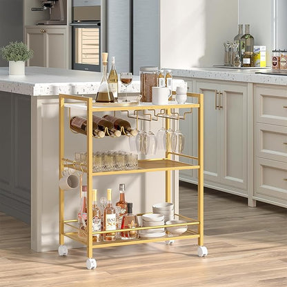 Joaxswe Bar Cart,3-Tier Home Bar Serving Cart with Lockable Wheels,Gold | Microwave Cart,Mobile Kitchen Shelf,Rolling Beverage Cart with Wine Rack and Glass Holder for Kitchen,Dinning Room