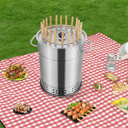 Charcoal Hanging Grill Portable Charcoal Grill with Charcoal Drum Skewer Grill for Camping Picnics Parties Beaches Outdoor Vertical Charcoal Grill for 3-8 People