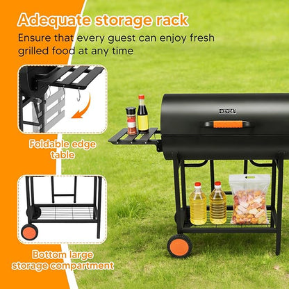 Extra Large Charcoal BBQ Barrel Grill 871 Square Inches Cooking Area Barrel Charcoal Grill with 2 Foldable Side Tables for Backyard Camping Patio Parties and Picnics