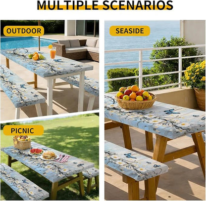 Picnic Table Cover with Bench Covers, 72 X 30 Inch Elastic Fitted Camping Tablecloth with Strap Design for 6FT Rectangle Tables, Windproof Outdoor Tablecloth Set with Storage Bag
