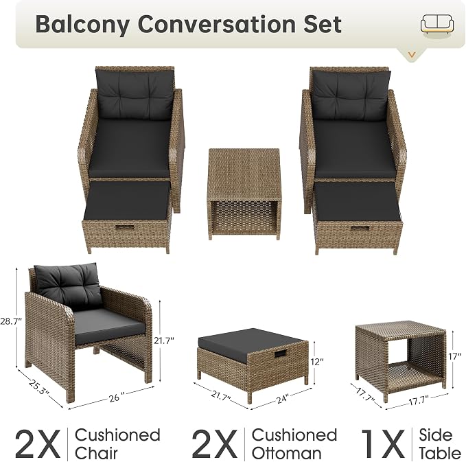 5 Piece Patio Furniture Set, PE Wicker Outdoor Furniture Set with Soft Cushions & Coffee Table, Outdoor Lounge Chairs with Ottoman for Porch, Lawn, Balcony, Beige-Black