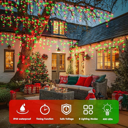 JMEXSUSS 400 LED 38.8ft Red and Green Christmas Icicle Lights Outdoor | Icicle Lights Plug in, Hanging Outdoor Indoor for Christmas House Party Holiday Decorations