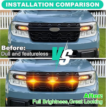 Front Grille Led Light For 2022-2025 2026 Ford Maverick Accessories | Fits Maverick XL Only,Snap-fit,Smoked lens,Raptor Style Grille Lights with adaptor fuse Waterproof(Only Fit XL-Amber)