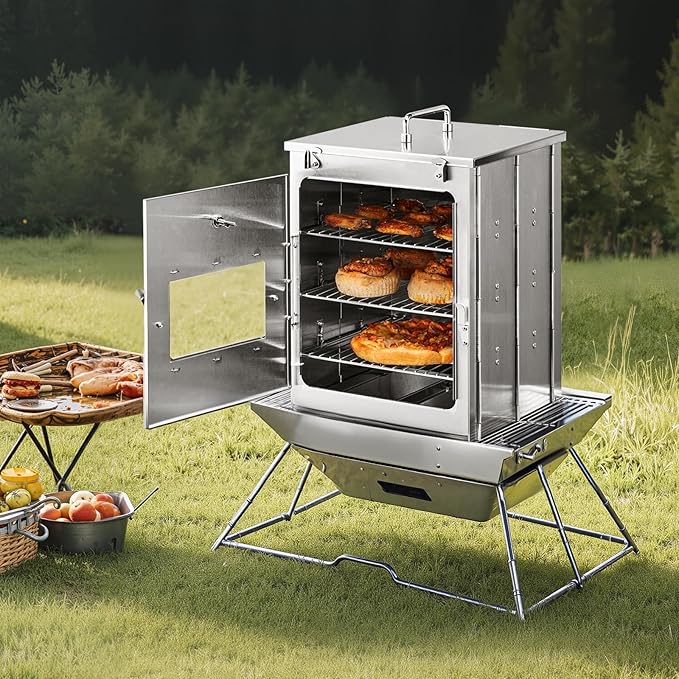 VEVOR Foldable Camping Oven, Stainless Steel Portable Camping Stove, with 3 Tier Grill, Handle and Thermometer, Use with Wood Burning Fire, Propane Stoves, for Baking Bread, Pizza, Outdoor Cooking