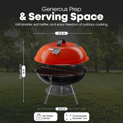 GasOne – Red 14-inch Portable Barbecue Grill with Thermometer - 3-Point Locking Lid for Heat Preservation – Dual Venting System – Small Charcoal Grill for Backyard, Camping, Boat