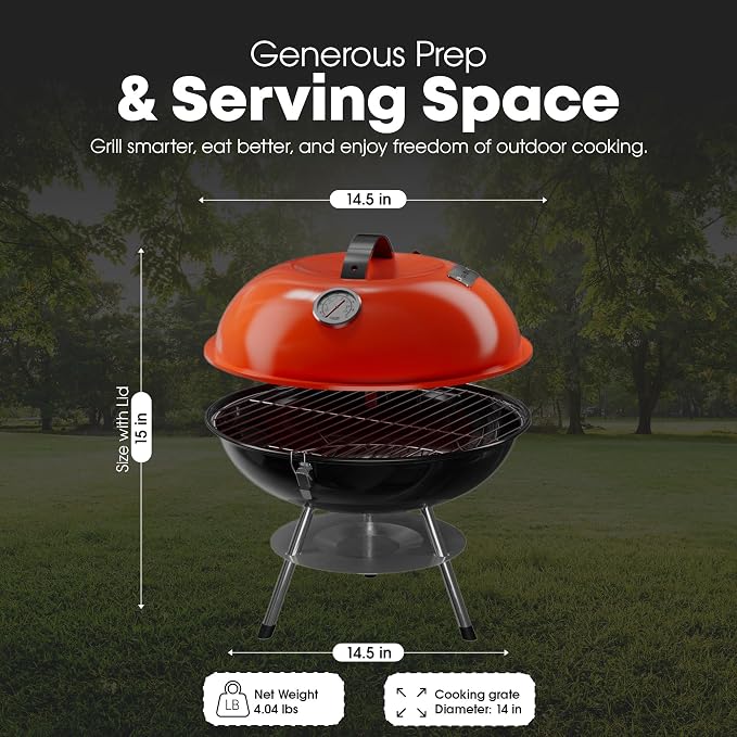 GasOne 14-inch Portable Charcoal Barbecue Grill with Thermometer – Red | 3-Point Locking Lid for Heat Preservation – Dual Venting System – Small Charcoal Grill for Backyard, Camping, Boat