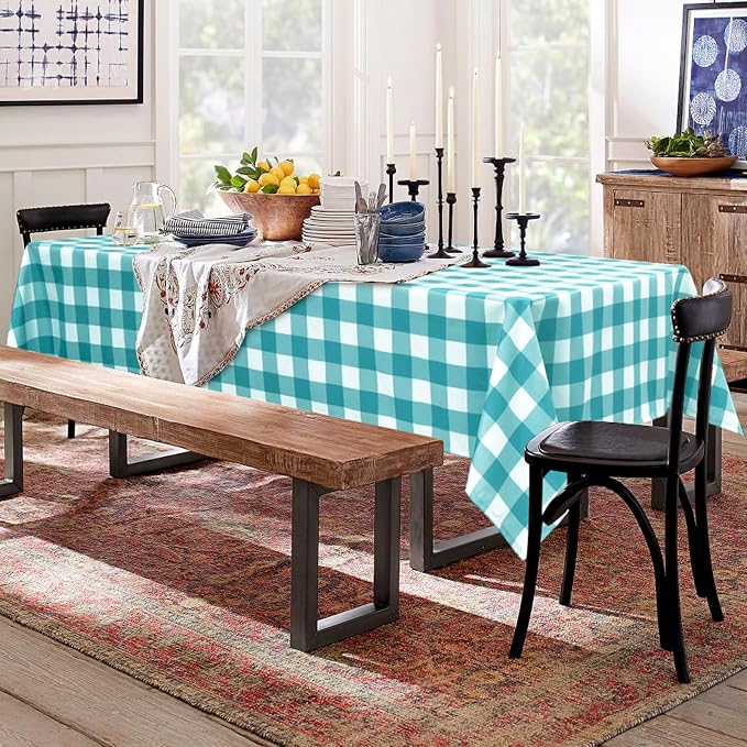 Hiasan 60 x 102 Inch Checkered Tablecloth Rectangle - Waterproof, Wrinkle Resistant and Washable Gingham Table Cloth for Outdoor Picnic, Kitchen and Holiday Dinner, Turquoise and White