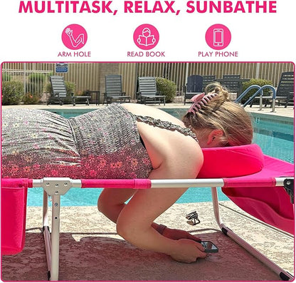 Oversized Extra Wide Tanning Chair with Sun Canopy Face Hole Padded Adjustable Washable, Heavy Duty Layout Folding Lounge Chair for Outside Beach Reading Sunbathing, UPF 50+, XL, Pink, 330 LBS
