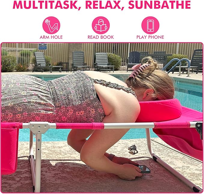 Tanning Chair with Sun Canopy Face Hole Softer Padded Adjustable Washable, Heavy Duty Layout Folding Lounge Chair for Adults Outside Beach Reading Sunbathing Poolside, UPF 50+ Sun Shade, Pink, 300 LBS