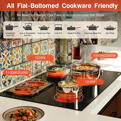 Electric Cooktop 30 Inch Knob Control, 6700W 240V Hard Wired | 4 Burner 30 Inches Glass Electric Stove Top Built-in, Dual & Expanded Ring, 9 Power Heating Levels, 220V No Plug