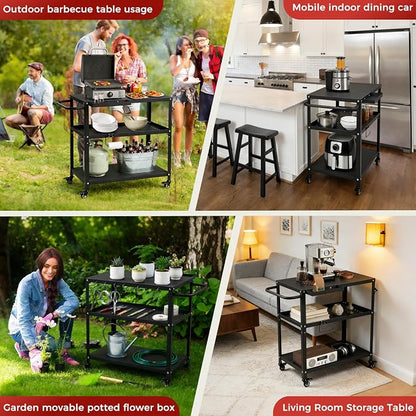 Grill Cart Table Indoor & Outdoor with 4 Lockable Casters, Hooks & Side Handle, Multifunctional Pizza Oven Stand for Patio Kitchen