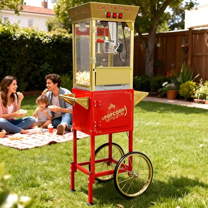 12Oz Nostalgia Popcorn Maker Machine Professional Cart, Vintage Popcorn Machine with 4 Cups & 1 Scoop, Movie Theater Style, Red