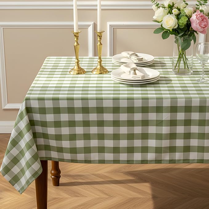 Green and White Gingham Tablecloth, Spring Plaid Waterproof Table Cover for St Patrick's Day, Indoor Dining, Kitchen Table, Garden Picnic, Washable Rectangle Tablecloth, W60 x L60 in