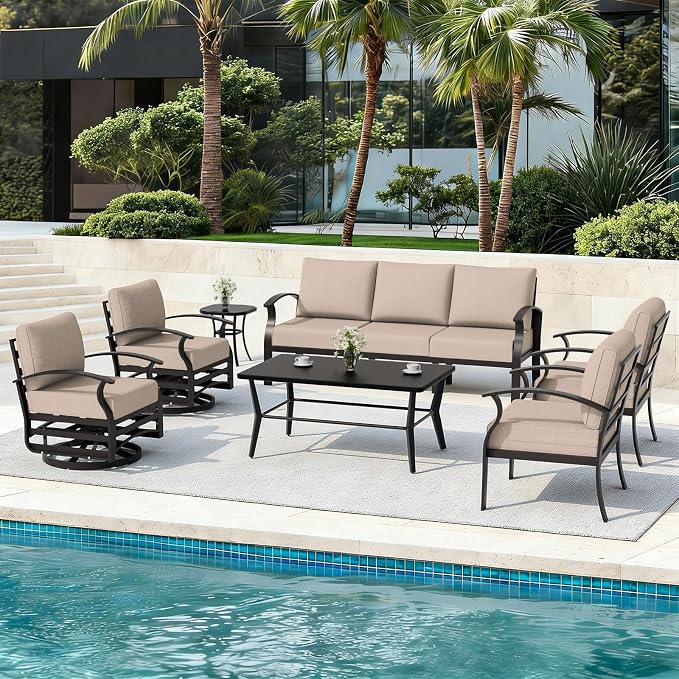 ALAULM Aluminum Patio Furniture Set with Coffee Table Rectangular, 7-seat Outdoor Sectional Furniture w/Swivel Chairs, Patio Conversation Set for Porch, Backyard, Poolside-Sand