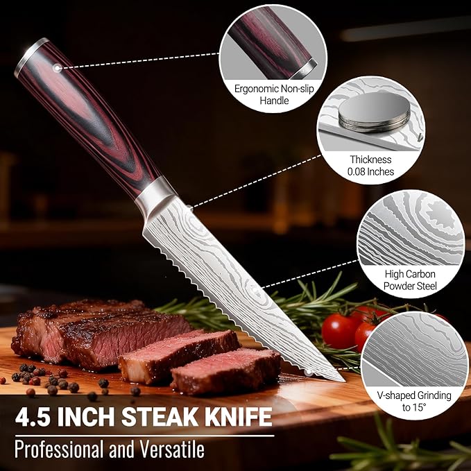 4.5 Inch Serrated Steak Knife - Ultra Sharp Serrated Knife Japanese High Carbon Steel Blade, Ergonomic Handle, Premium Kitchen Cutlery for Steak, BBQ & Outdoor Meals