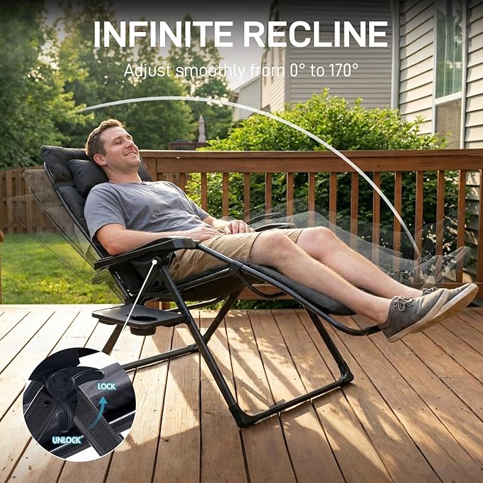EVER ADVANCED Aluminum Zero Gravity Chair Oversized, 2.4" Thick Padded Reclining Lounge Chair with Adjustable Headrest & Side Table, Heavy Duty Support 350 lbs, Foldable for Outdoor & Indoor, Black