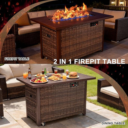 42 Inch Propane Fire Pit Table, 50,000 BTU Outdoor Gas Fire Pits with Removable Lid, 2 in 1 Rectangular Firepit Table for Outside Patio Deck and Garden (Brown)