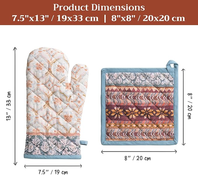 Maison d' Hermine 100% Cotton Oven Mitt & Pot Holder Set (7.5"x13" & 8"x8") | Heat Resistant BBQ Cooking Gloves with Loop Baking Grilling Kitchen Hotel Home Farmhouse Thanksgiving Christmas - Fair Isle