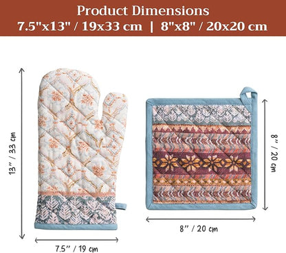Maison d' Hermine 100% Cotton Oven Mitt & Pot Holder Set (7.5"x13" & 8"x8") | Heat Resistant BBQ Cooking Gloves with Loop Baking Grilling Kitchen Hotel Home Farmhouse Thanksgiving Christmas - Fair Isle