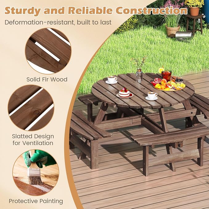Giantex 8-Person Round Picnic Table Set with 4 Benches, 550 LBS Bench Capacity, 2" Umbrella Hole, Circular Outdoor Wood Dining Table & Chairs for Patio Yard Garden Porch Deck (71”x71”x28”,Brown)