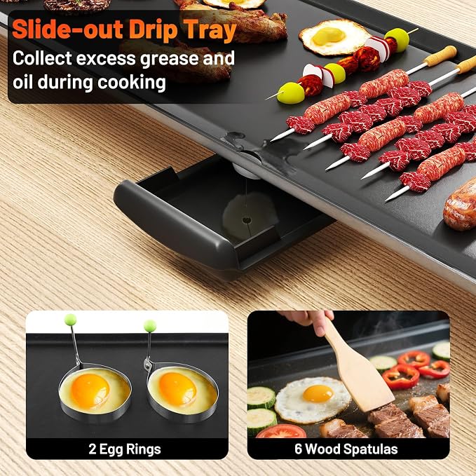 LDAILY 39.5’’ Extra Large Nonstick Electric Griddle, Teppanyaki Grill BBQ W/ 4 Adjustable Temperature, Even Heating & Handles, Long Table Top Pancake Griddle Grill for Indoor & Outdoor Party, Camping