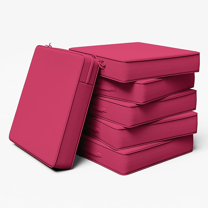 Outdoor Chair Cushion 24 x 24 x 5 Inches Patio Furniture Outdoor Waterproof Seat Cushion, Patio Chair Cushion with Handles and Ties, Square Dining Chair Cushion Set of 6, Pink