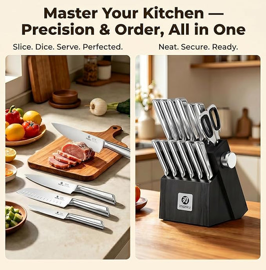 imarku 14-Piece Knife Set with Block, Glides Through Meat, Fish, Veggies & Bread, High Carbon Stainless Steel, Built-in Sharpener, Ergonomic Non-Slip Handle, Essential Gift for Home Cooks