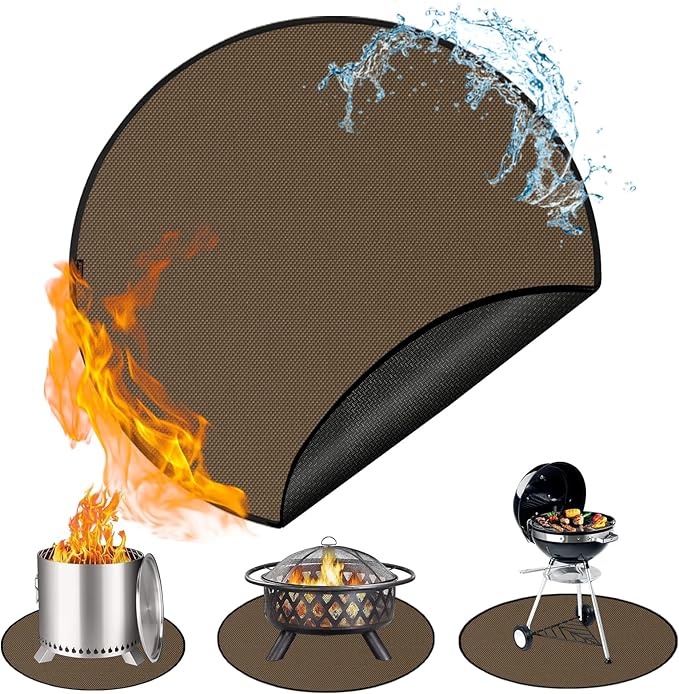 Anze Round Under Grill Mat for Outdoor Grill, 36 Inch Anti-Slip BBQ Floor Mats, Easy to Clean Reusable Fireproof Grill Pad, Oil-Proof Waterproof Protector for Deck Fireplace Pit Mat Brown
