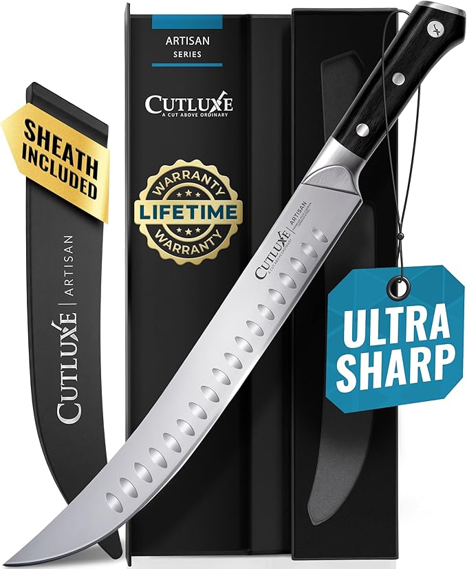 Cutluxe Butcher Knife – 10″ Cimeter Breaking Knife, Razor Sharp Forged High Carbon German Steel, Full Tang Meat Carving Knife, Ergonomic Handle Design, Grilling Gifts for Men – Artisan Series