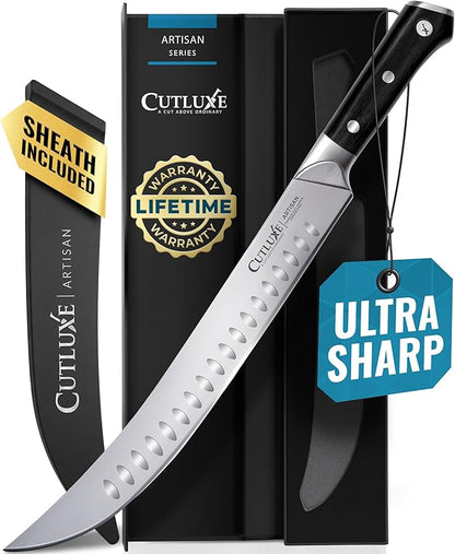 Cutluxe Butcher Knife – 10″ Cimeter Breaking Knife, Razor Sharp Forged High Carbon German Steel, Full Tang Meat Carving Knife, Ergonomic Handle Design, Grilling Gifts for Men – Artisan Series