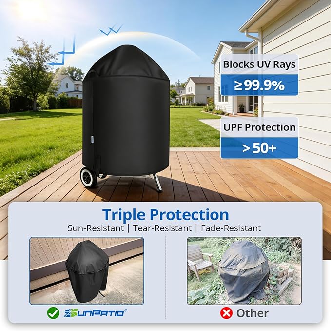 SunPatio Heavy Duty Waterproof Grill Cover Compatible for Weber, Big Green Egg, Char-Broil 22 Inch Charcoal Kettle Grills, Outdoor FadeStop BBQ Cover, Compared to Weber 7150, 27.5" Dia x 38" H