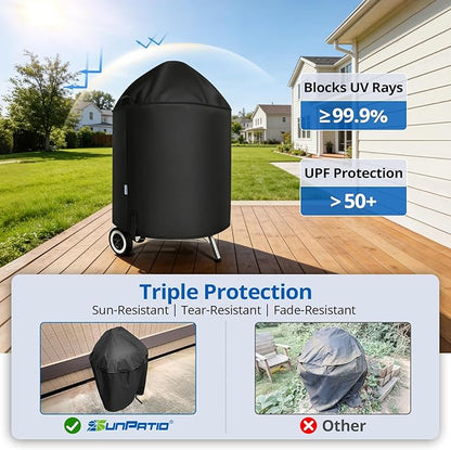 SunPatio Heavy Duty Waterproof Grill Cover Compatible for Weber, Big Green Egg, Char-Broil 22 Inch Charcoal Kettle Grills, Outdoor FadeStop BBQ Cover, Compared to Weber 7150, 27.5" Dia x 38" H