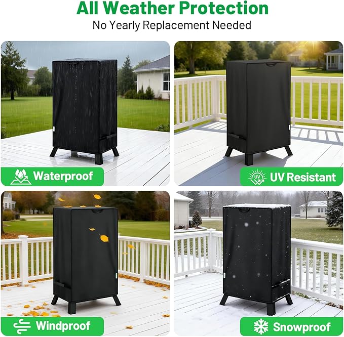 40 Inch Electric Smoker Cover for Masterbuilt, Heavy Duty Waterproof Outdoor Square Vertical Smoker Grill Cover with Windproof Straps & Handles, All-Weather Fade Resistant, Black