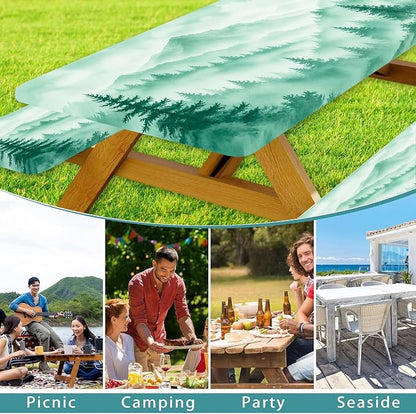 Picnic Table Cover with Bench Covers, Camping Essentials, Green Misty Forest Mountain Waterproof Fitted Outdoor Tablecloth with Elastic Rectangle Table Cloth Camping Accessories, 3 Pcs Set, 30x96 Inch