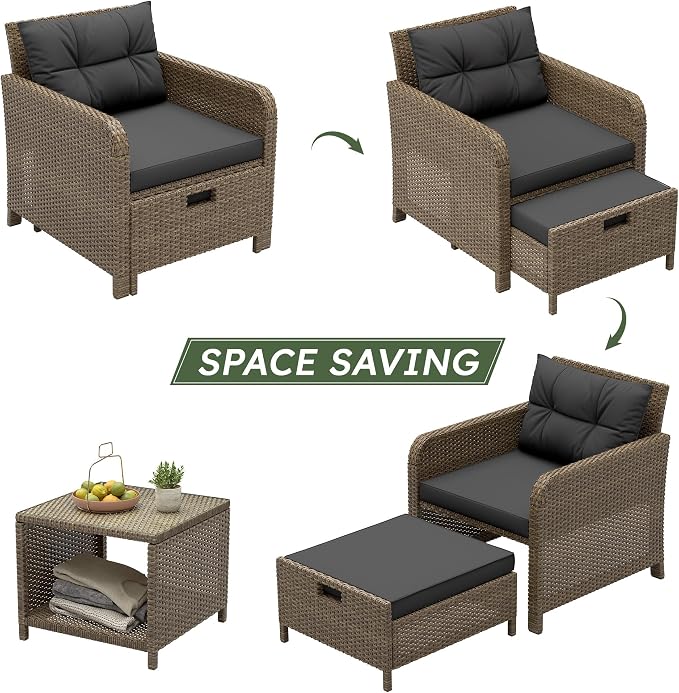 5 Piece Patio Furniture Set, PE Wicker Outdoor Furniture Set with Soft Cushions & Coffee Table, Outdoor Lounge Chairs with Ottoman for Porch, Lawn, Balcony, Yellow-Black